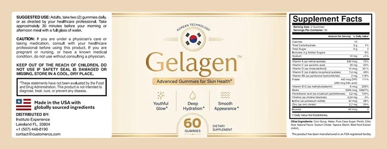 The printed Gelagen label and supplement facts panel